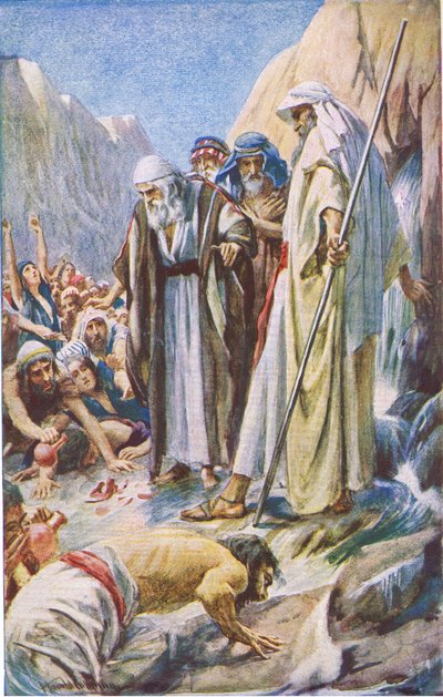 Het slaan van de rots, illustratie uit Pictures That Teach The Crown Series, 1920 door Harold Copping