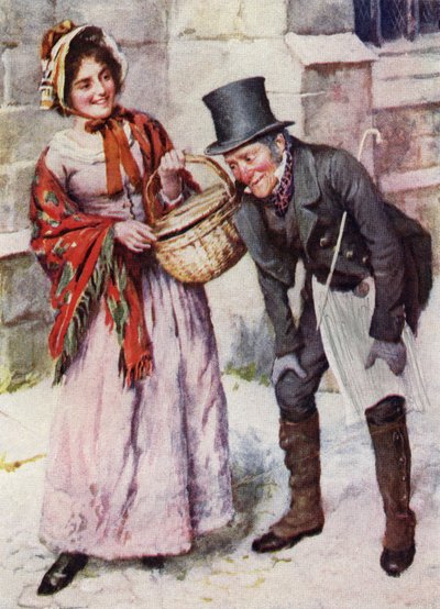 Trotty Veck en zijn dochter Meg uit "Trotty Veck en Oliver Twist" door Harold Copping