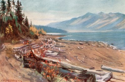 Uitzicht vanaf de oever van Kootenay Lake door Harold Copping