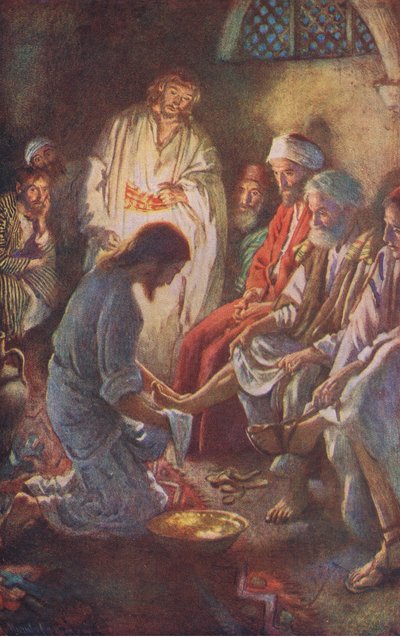 Het wassen van de voeten van de discipelen, illustratie uit Harold Copping Pictures: The Crown Series, ca. 1920s door Harold Copping