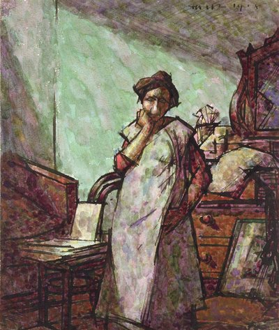 Interieur met mevrouw Mounter in een overall, 1 december 1918 door Harold Gilman