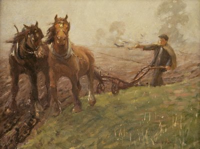 Man die een veld ploegt door Harold Harvey