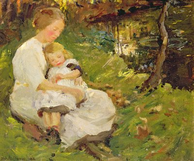 Moeder en Kind in een Bebost Landschap door Harold Harvey