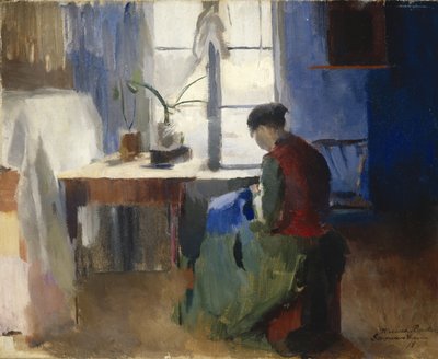 Vrouw aan het naaien door Harriet Backer