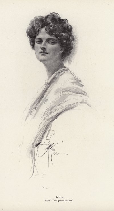 Een personage, Sylvia, uit de roman, The Opened Shutters, door Clara Louise Burnham door Harrison Fisher