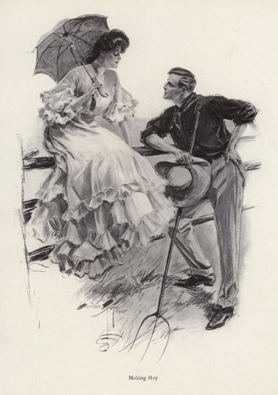 Een boer pauzeert in zijn werk om te flirten met een jonge vrouw door Harrison Fisher