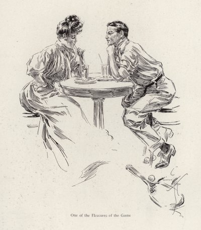 Koppel dat een drankje drinkt na een tennisspel (kleur litho) door Harrison Fisher