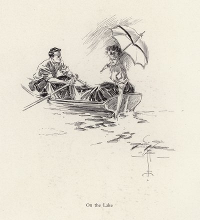 Man en vrouw in een roeiboot op het meer (litho) door Harrison Fisher