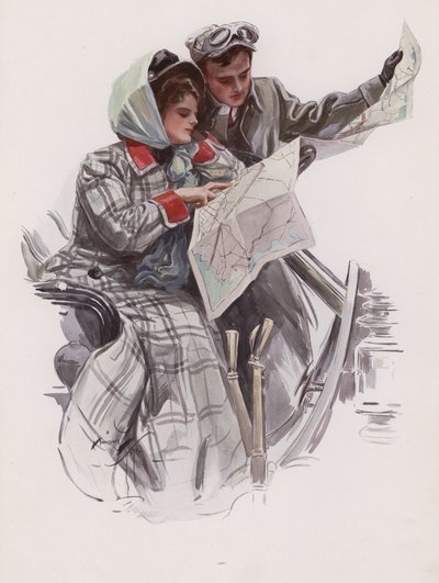 Man en vrouw lezen een kaart in een auto door Harrison Fisher