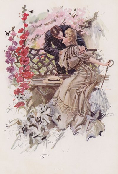 Man die een vrouw kust in een tuin (kleur litho) door Harrison Fisher