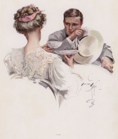 Man die wacht tot een vrouw hem een geheim toevertrouwt (kleur litho) door Harrison Fisher