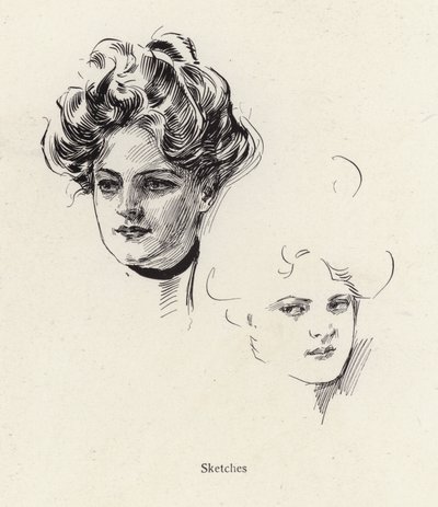 Pensketches van een jonge vrouw door Harrison Fisher
