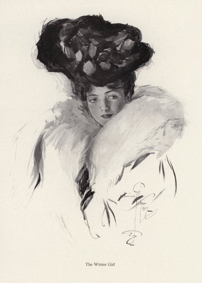Portret van een jonge vrouw met een hoed en bontjas door Harrison Fisher