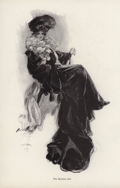 Portret van een jonge vrouw in een lange jas en jurk door Harrison Fisher