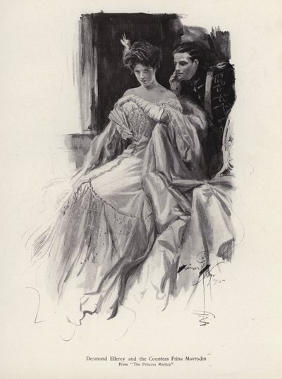 Twee personages, Desmond Ellery en de gravin Frina Mavrodin uit de roman The Princess Moritza, door Percy Brebner door Harrison Fisher