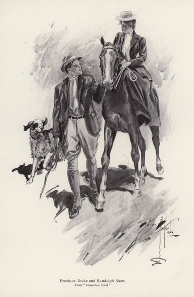 Twee personages, Penelope Drake en Randolph Shaw uit de roman, Cowardice Court, door George Barr McCutcheon (litho) door Harrison Fisher
