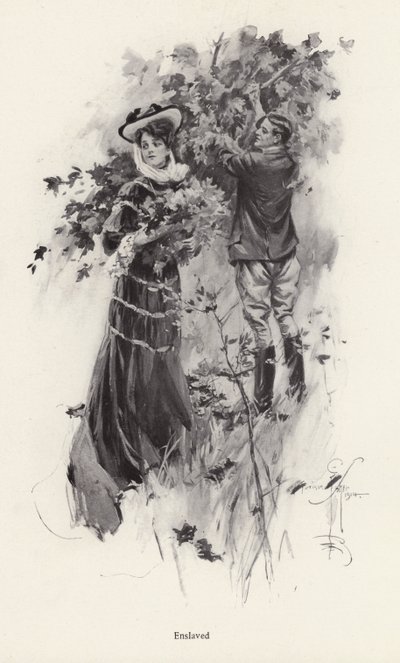 Vrouw plukt bloemen met een mannelijke bewonderaar door Harrison Fisher