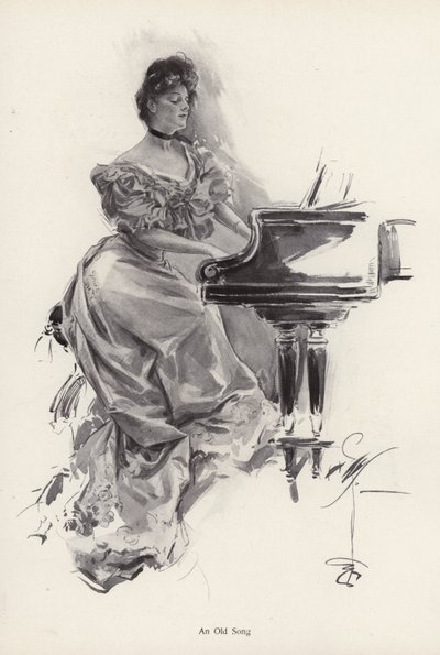 Vrouw die een lied speelt op een piano (litho) door Harrison Fisher