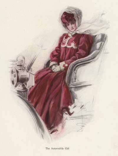 Jonge vrouw die in een auto zit (kleur litho) door Harrison Fisher