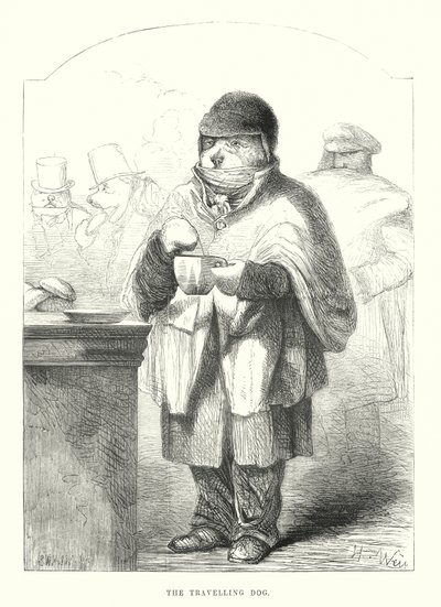 Grappige honden: de reizende hond (gravure) door Harrison William Weir