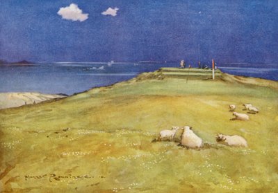 Golfbanen: Gullane, de zesde green en zevende tee door Harry (1878 1950) Rountree