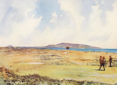 Golfbanen: Dollymount, de eerste tee, kijkend naar de Howth door Harry (1878 1950) Rountree