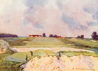Golfbanen: Sandy Lodge, de eerste green, kijkend naar het clubhuis door Harry (1878 1950) Rountree