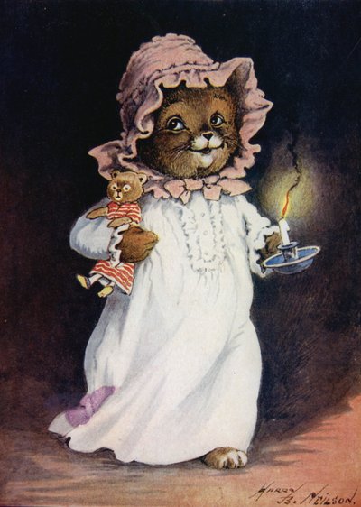 Kat in nachthemd, met een kaars en teddy kat, naar bed gaan door Harry B Neilson
