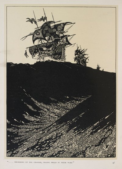 Een ballade van de kapiteins. "... trommelend door het kanaal,
 prijzen in hun kielzog slepend" door Harry Clarke