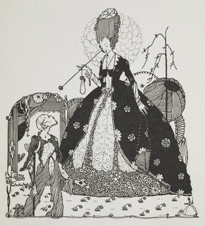Een dame kijkt neer op een bedelaar die om geld vraagt. door Harry Clarke