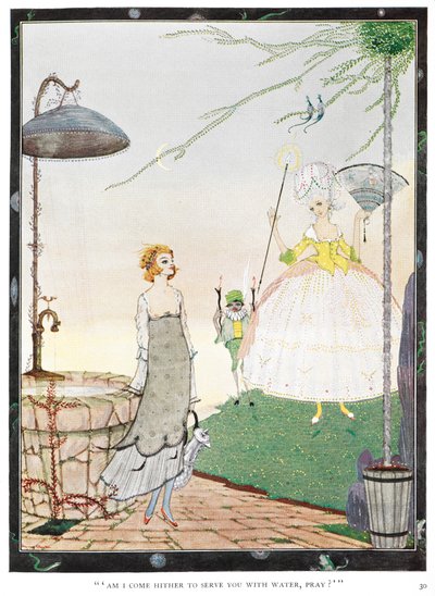 "Ben ik hier gekomen om u water te brengen, bid ik?" Illustratie voor het verhaal, "de fee". Een jonge vrouw ontmoet een fee die eruitziet als een goedgeklede dame door Harry Clarke