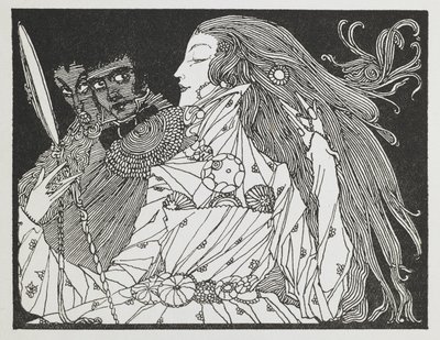Een vrouw die naar haar spiegelbeeld in een handspiegel kijkt. door Harry Clarke