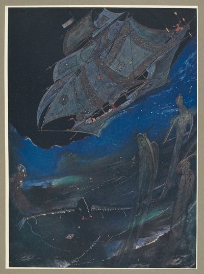 Een illustratie van een schip op zee, en vissen eronder. door Harry Clarke