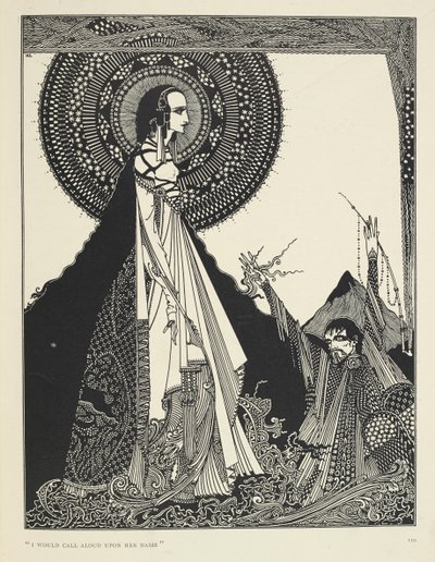 "Ik zou luid haar naam roepen." Illustratie van Ligeia, een kort verhaal. "Ligeia" is een kort verhaal van Edgar Allan Poe. Het verhaal volgt een naamloze verteller en zijn vrouw Ligeia, een mooie en intelligente vrouw met ravenzwart haar. Ze wordt ziek, c door Harry Clarke