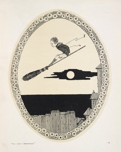 "Als ik een bezemsteel had". Illustratie voor een gedicht door Patrick R. Chalmers.
Een jongen op een bezemsteel door Harry Clarke