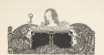 Illustratie, toont een vrouw die een boek leest, bovenaan de inhoudsopgave. door Harry Clarke