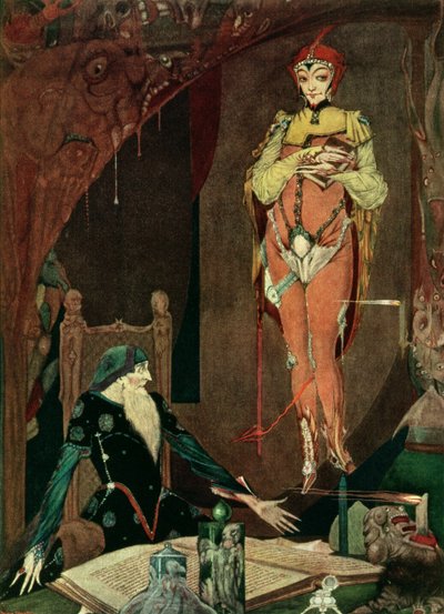 "Is er iets in mijn arme macht om u te dienen?", illustratie uit Faust door Goethe, vertaald door John Anster door Harry Clarke