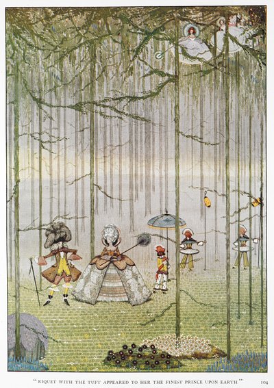 "Riquet met de kuif leek haar de mooiste prins op aarde." Illustratie voor het verhaal "Riquet met de kuif". Een prinses in een bos die Prins Riquet met de kuif ontmoet. door Harry Clarke