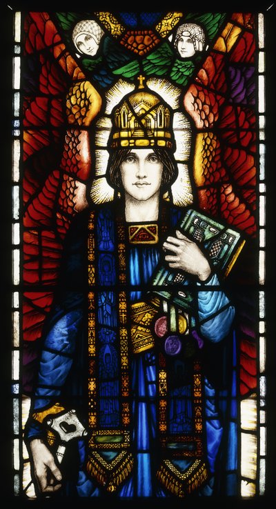 St. Peter, een glas-in-lood paneel, met de gevleugelde jonge St. Peter die een mijter draagt en symbolische sleutels en boek vasthoudt, met een paar begeleidende engelen, ca. 1910-13 door Harry Clarke