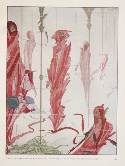 De stervende patriot. "En de doden gehuld in rood en zeelelies boven hun hoofd zwaaien wanneer de lange winden waaien" door Harry Clarke