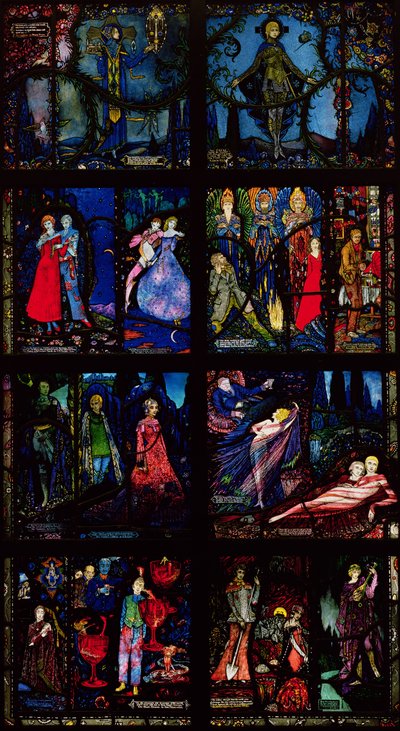 Het Genève-raam, acht panelen met scènes uit de vroege Ierse literatuur, 1929 door Harry Clarke