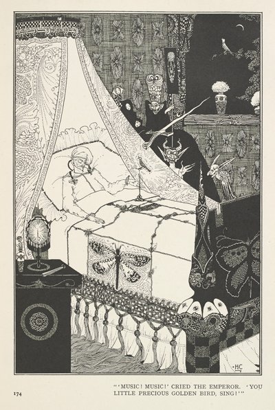 De Nachtegaal. "Muziek! Muziek!" riep de Keizer. "Jij kleine kostbare gouden vogel, zing!" door Harry Clarke