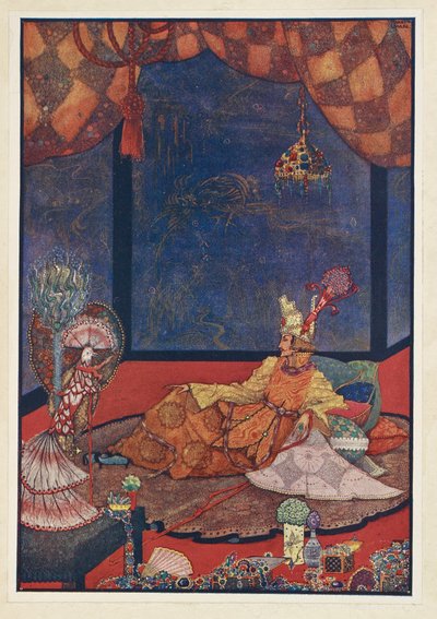 De Nachtegaal. De kunstvogel had zijn plaats op een zijden kussen dicht bij het bed van de Keizer. door Harry Clarke