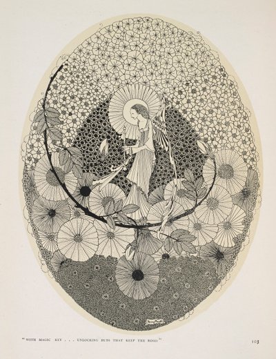 Aan de komende lente. "Met magische sleutel... ontgrendelen knoppen die de rozen bewaren" door Harry Clarke