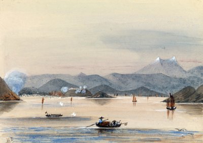 De HMS Tribune vindt zijn weg op de Chuenpee-rivier in Canton (China), met roeiboten en Chinese jonken door Harry Edmond Edgell