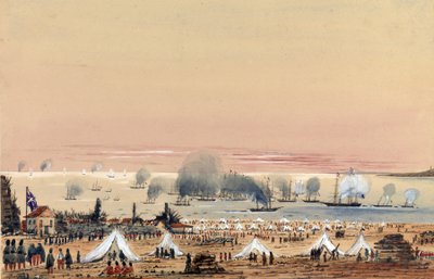 De landing bij Kinburn (Oekraïne, Rusland) in oktober 1855, een Brits legerkamp aan de kust, met de vloot voor anker, inclusief de HMS Tribune door Harry Edmond Edgell
