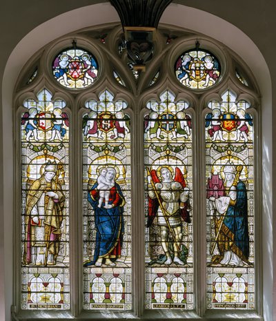 Oxford, Brasenose College Chapel, James Powell & Sons, Harry Ellis Wooldridge, St Cedda, Madonna & Kind, St Michael, St Hugh door Harry Ellis Wooldridge