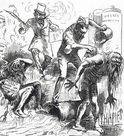 Cartoon die de Theems en de Lea Rivieren toont die worden aangevallen vanwege hun vuile toestand door Harry Furniss