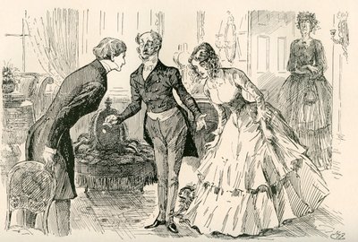 David Ontmoet Dora en Miss Murdstone, illustratie door Harry Furniss voor de roman David Copperfield van Charles Dickens door Harry Furniss