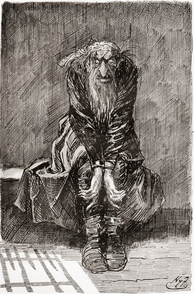 Fagin in de veroordeelde cel. "Hij ging zitten op een stenen bank tegenover de deur, die diende als zitplaats en bed, en wierp zijn bloeddoorlopen ogen op de grond, probeerde zijn gedachten te verzamelen." Illustratie door Harry Furniss voor de roman van C door Harry Furniss